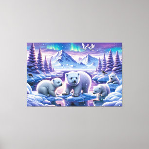 Impressão Em Tela Arte de Inverno com Luzes do Norte & Filhotes de U