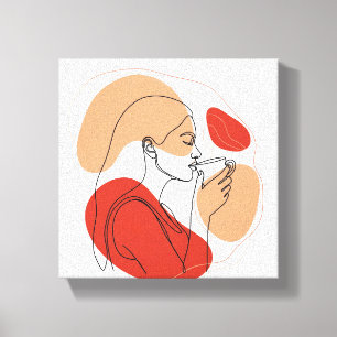 Impressão Em Tela Arte de linha de rosto minimalista com café - Acry
