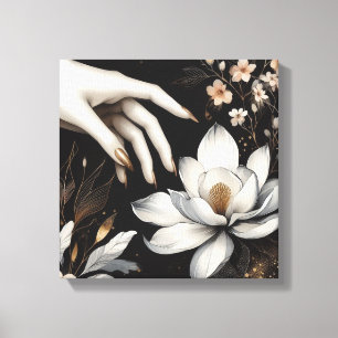 Impressão Em Tela Arte de Mão Feminina com Flor de Magnólia