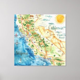 Impressão Em Tela Arte de Mapa de Viagem da Califórnia em Aquarela V