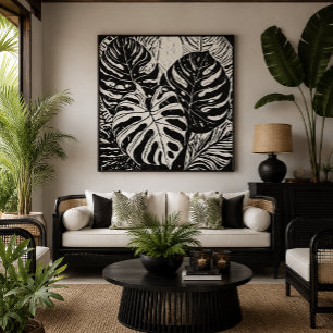 Impressão Em Tela Arte de Monstera Tropical em estilo Linocut