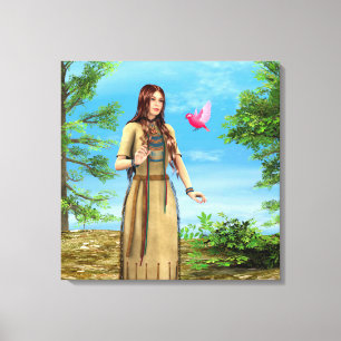 Impressão Em Tela Arte de Mulher Indígena Americana Floresta Pássaro