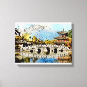 Impressão Em Tela Arte de Paisagem da Ponte Japonesa Vintage