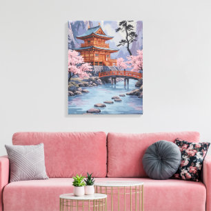 Impressão Em Tela Arte de Paisagem de Cerejeira em Pagode Japonesa