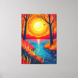 Impressão Em Tela Arte de Paisagem de Lago ao Pôr do Sol Laranja Vib