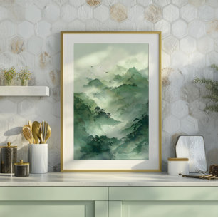 Impressão Em Tela Arte de Paisagem de Montanha Nebulosa Verde
