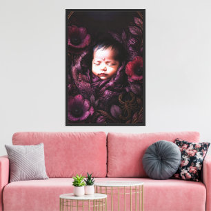 Impressão Em Tela Arte de Parede Bebê Místico e Flores Roxas