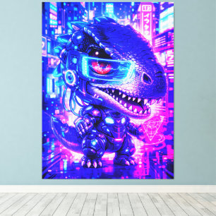 Impressão Em Tela Arte de Parede Cute Cyberpunk Dinossauro Neon Cida