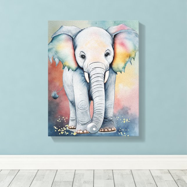 Impressão Em Tela Arte de Parede de Elefante Bebê em Aquarela Sonhad (Insitu(piso de madeira))