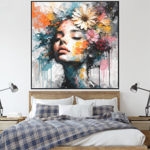 Impressão Em Tela Arte de Parede de Retrato de Mulher Floral Abstrat