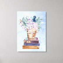 Arte de Parede em Tela Livros e Flores Roxo Azul