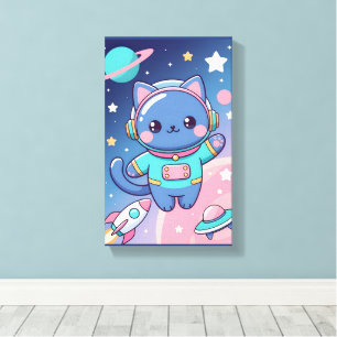 Impressão Em Tela Arte de Parede Espacial Astronauta Gato Kawaii Fof
