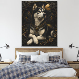 Impressão Em Tela Arte de Parede Majestosa Fantasia Husky Preto Dour