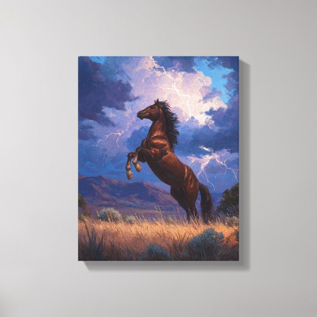 Impressão Em Tela Arte de Poder do Cavalo Empinado com Tempestade (Frente)