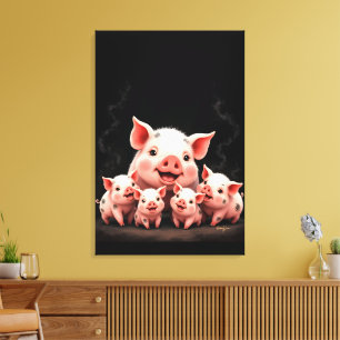 Impressão Em Tela Arte de Porco – Porca Mãe e Leitões