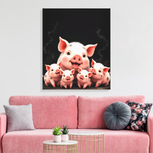 Impressão Em Tela Arte de Porco – Porca Mãe e Leitões