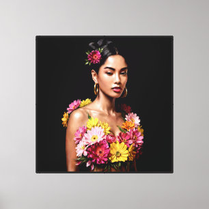 Impressão Em Tela Arte de retrato surrealista de mulher floral escur