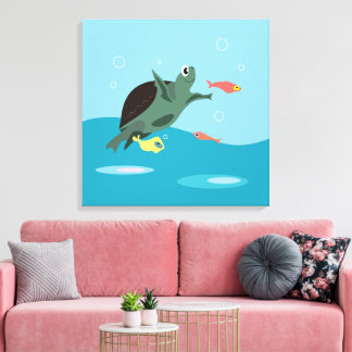 Impressão Em Tela Arte de Tartaruga Marinha Fofa Sob o Mar