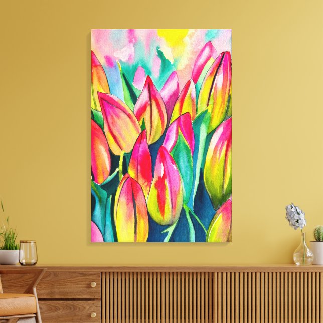 Impressão Em Tela Arte de tulipas de aquarela rosa (Insitu(Sala de estar))