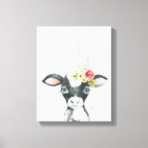 Impressão Em Tela Arte de Vaca Floral em Aquarela Preto e Branco
