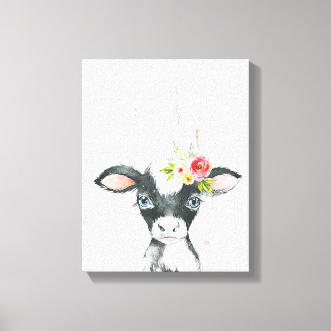 Impressão Em Tela Arte de Vaca Preto e Branco Floral em Aquarela (Frente)