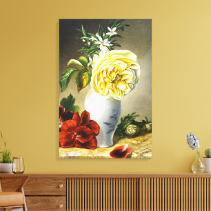 Impressão Em Tela Arte de Vaso Floral Rosa Amarela Vintage com Pensé