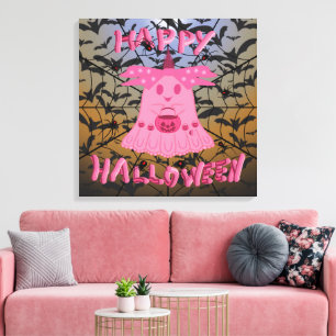 Impressão Em Tela Arte Digital Coquette Pink Ghost Feliz Halloween