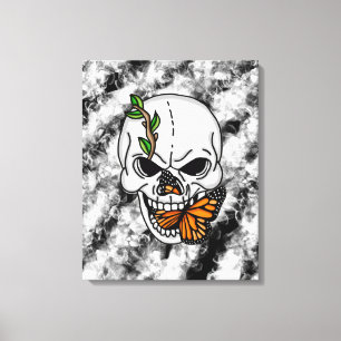 Impressão Em Tela Arte Digital Crânio e Borboleta Monarca