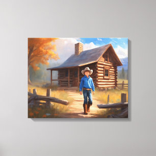 Impressão Em Tela Arte do Cowboy Log Cabin Boy