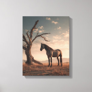 Impressão Em Tela Arte do pôr do sol da árvore do deserto do cavalo