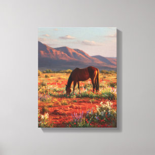 Impressão Em Tela Arte do pôr do sol no deserto em flor com cavalo s