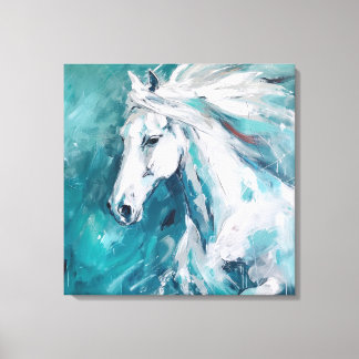 Impressão Em Tela Arte Elegante de Cavalo Branco sobre fundo azul