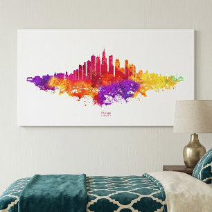 Impressão Em Tela Arte em Aquarela da Silhueta de Chicago em Fundo B