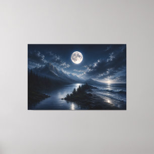 Impressão Em Tela Arte em Tela Lago da Montanha ao Luar - Lua Cheia