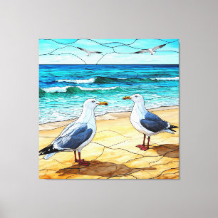 Impressão Em Tela Arte em Vidro Colorido de Gaivotas numa Praia