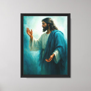 Impressão Em Tela Arte Espiritual Azul de Jesus Estendendo a Mão