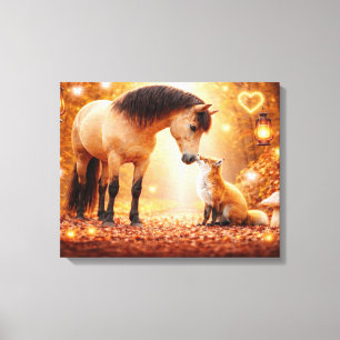 Impressão Em Tela Arte Fantástica de Cavalo Bonito e Raposa Vermelha