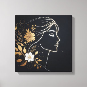 Impressão Em Tela Arte Feminino Minimalista com Flores Douradas