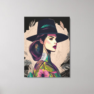 Impressão Em Tela Arte Floral Abstrata Colorida Garota Com Chapéu Gr