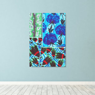 Impressão Em Tela Arte Floral Azul e Verde Maximalista Vibrante