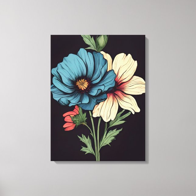Impressão Em Tela Arte Floral Branca e Azul em Greve (Frente)