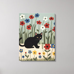 Impressão Em Tela Arte Floral de Gato Preto Pos Decorativo Botânico