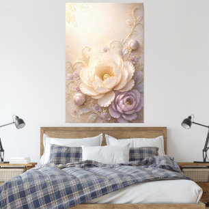 Impressão Em Tela Arte Floral Embutida Creme Elegante Lavanda