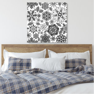 Impressão Em Tela Arte Floral Retro Preto Cinza Branco Padrão Sem Co