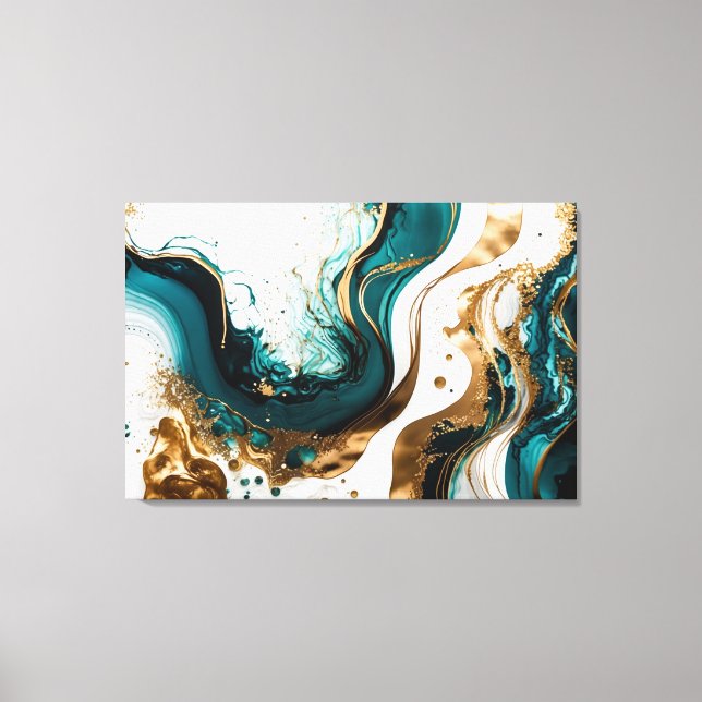 Impressão Em Tela Arte Fluida Marble Abstrato de Emerald e Dourada (Frente)