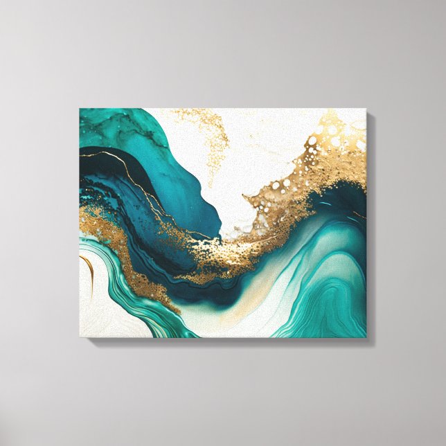 Impressão Em Tela Arte Fluida Marble Abstrato de Emerald e Dourada (Frente)