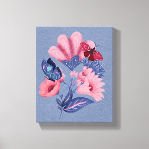 Impressão Em Tela Arte Folclórica de Borboletas Florais Rosa Azul