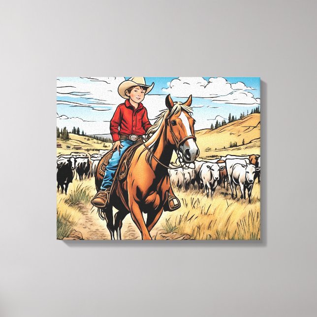 Impressão Em Tela Arte Gráfica do Cowboy Bovinos Rancher Menino (Frente)