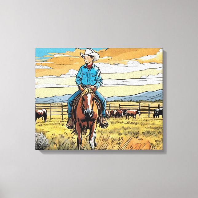 Impressão Em Tela Arte Gráfica do Cowboy Bovinos Rancher Menino (Frente)