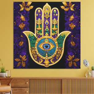 Impressão Em Tela Arte Hamsas Dourado Roxo Verde do Mardi Gras